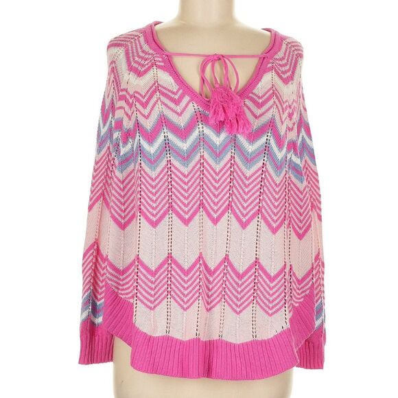 Burgess V-Neck Pom CottnSilk Blend Pink Blue Chevron Knit Poncho Sweater NWT $70 - Picture 3 of 16